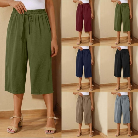Olyvenn Womens Summer Linen 3/4 Pants Flowy High Waisted Loose Crooped Lounge Pant Wide Leg Palazzo Capris with Pockets Blue XXL