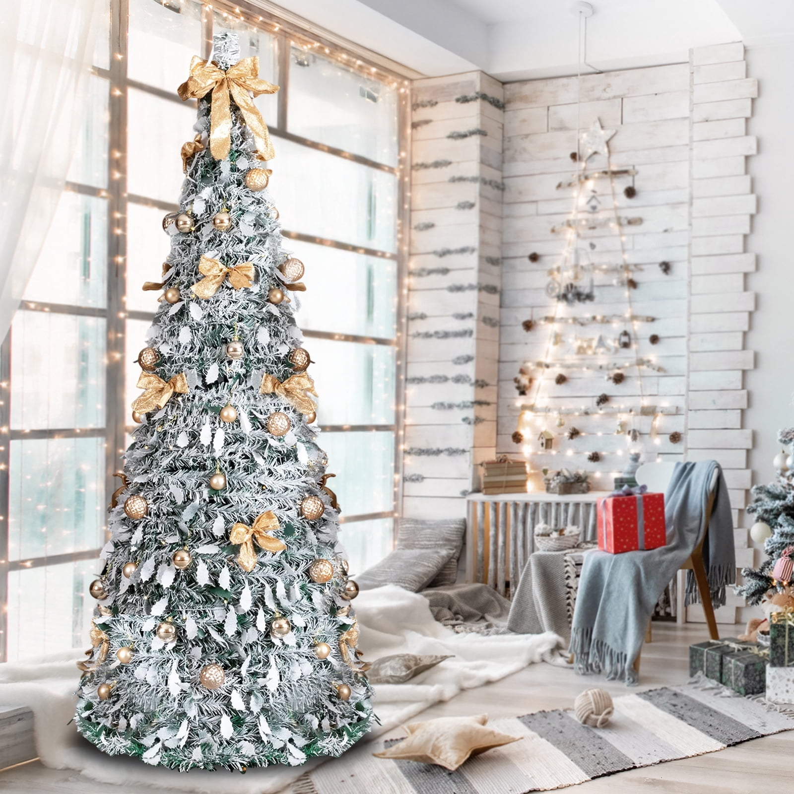 Astoutdoor 7 ft Snow Flocked Pre-lit Artificial Pop Up Christmas Tree with 170 Warm Lights and Ornaments, Snowy Green