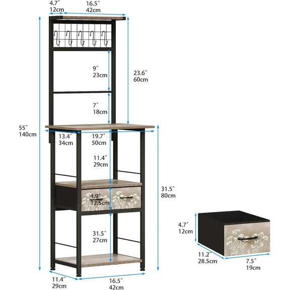 Small Coffee Bar Station Narrow Corner Baker Rack Stand with 2 Storage Fabric Drawers 5 S Hooks for Small Spaces Farmhouse Bakers Rack for Kitchen, Entryway, Living Room (Grey, Narrow)