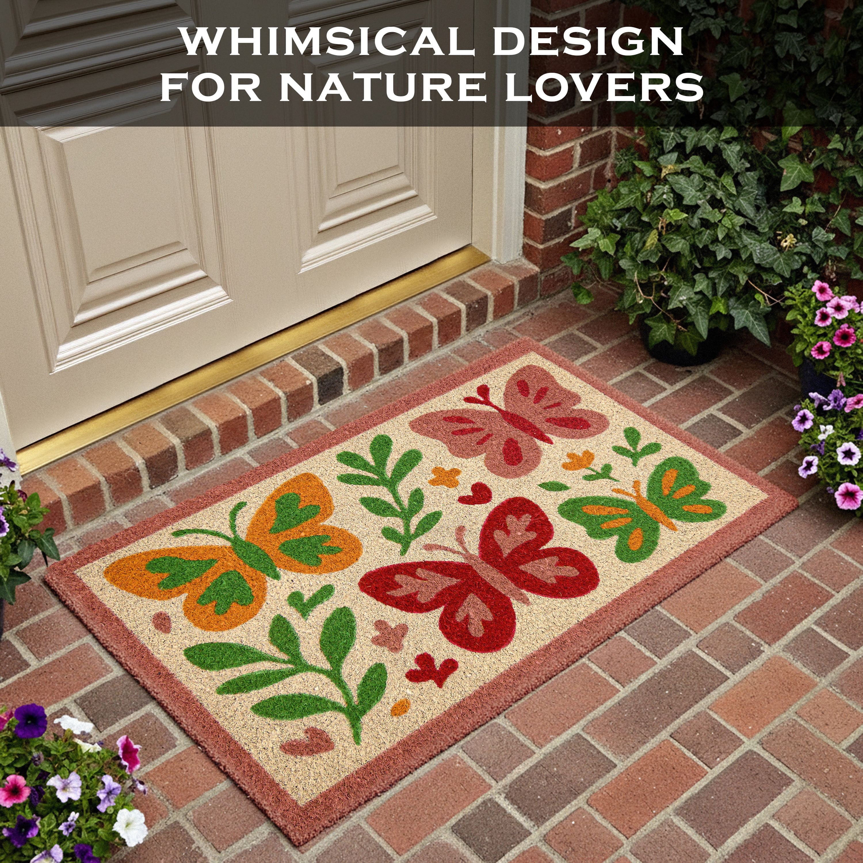 MAINEVENT Butterfly Coir Doormat 30x17 Inch, Spring Outdoor Welcome Mat for Outside