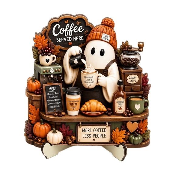 Halloween Ghost Coffee Shop Wooden Tabletop Decor, Fall Pumpkin Tiered Tray Sign, Halloween Indoor Farmhouse Ornament with Coffee Bar Themed Details
