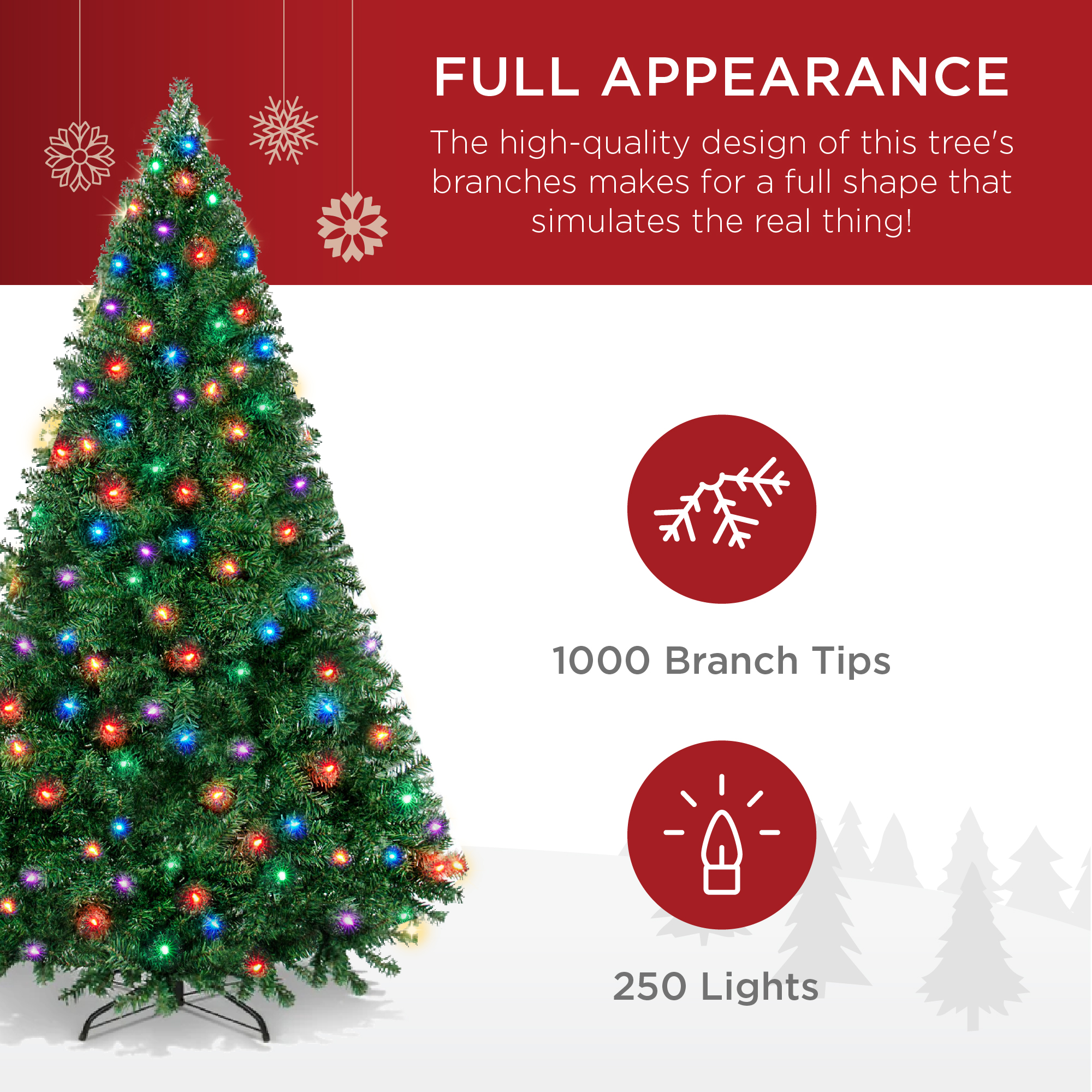 Best Choice Products 6ft Pre-Lit Premium Hinged Artificial Christmas Pine Tree w/ 1,000 Tips, 250 LED Lights, Metal Base