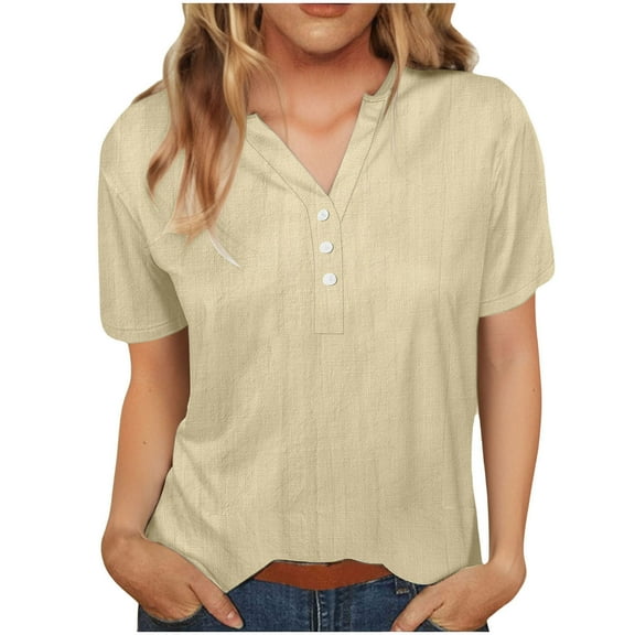 Tnhcen Women's Summer Cotton Linen Blend Button-Up Shirt - Loose Fit Henry Collar Short Sleeve Top | Casual Daily Wear with Pure Color Design (S-3XL)