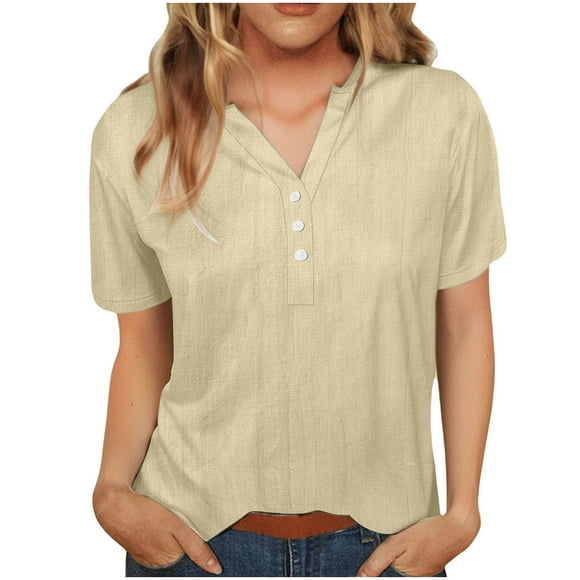 Tnhcen Women's Summer Cotton Linen Blend Button-Up Shirt - Loose Fit Henry Collar Short Sleeve Top | Casual Daily Wear with Pure Color Design (S-3XL)