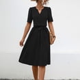 thumbnail image 4 of Fartey Women's Formal Dresses 2025 Summer Short Sleeve Tie Waist A-Line Swing Dress Business Casual Solid Color V Neck Midi Dress Elegant Work Dress Black L, 4 of 8