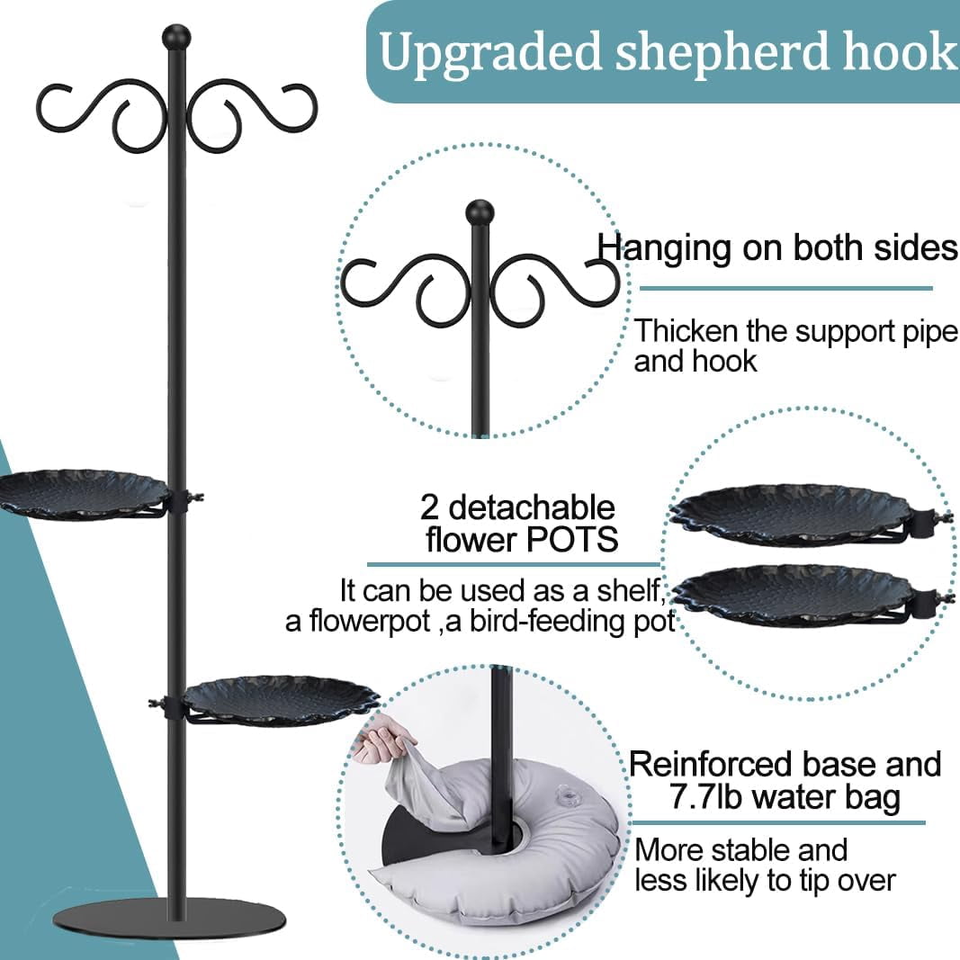 Upgraded 74" Shepherd's Hook for Bird Feeder,Floor Hanging Plant,Wind Chime Stand, Waterproof Metal& Adjustable-Height Standing Pole Holder for Lantern and Wreath, Indoor & Outdoor（2 Placement Racks)