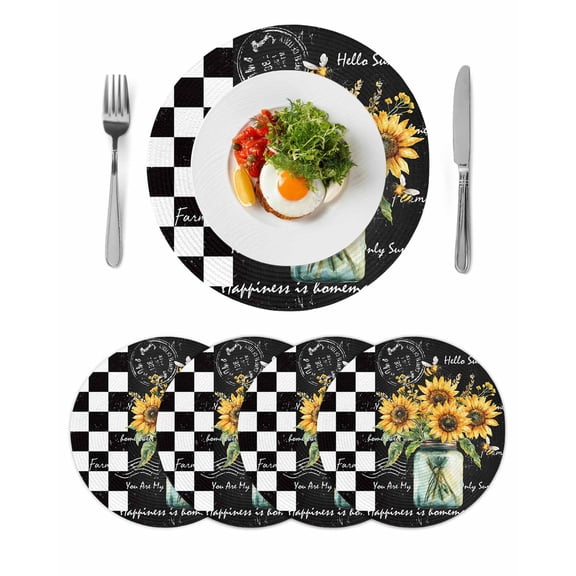 Sunflower Round 15 Inch Placemats Set of 4, Black White Check Farmhouse Bee Vase Floral HeatResistant Non Slip Place Mats for Dining Table, Wipeable Braided Kitchen Table Mats for Housewarming