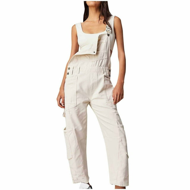 FAIWAD Salopette en Denim pour Femmes, Coupe Ample, Bretelles Ajustables, Bavette, Combinaison à Jambes Larges avec Poches