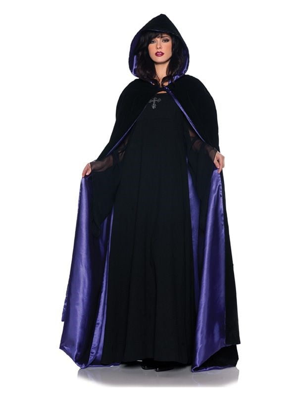 Halloween Velvet Hooded Cloak Cape Black Deluxe Adult Vampire Costume W//Fangs!!!
