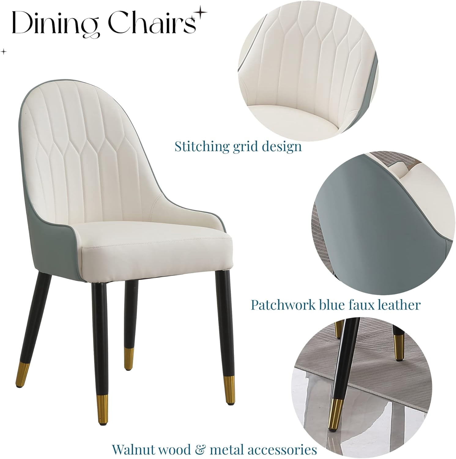 Blue Modern Dining Chairs Set of 2 w/ Faux Leather & Metal Legs | Kitchen/Living/Dining Room PU Accent Chairs