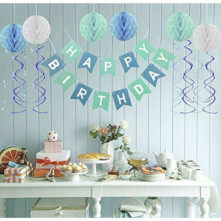 Fecedy Blue Happy Birthday Banner Honeycomb Balls Swirls Streamers for Birthday Party Decorations