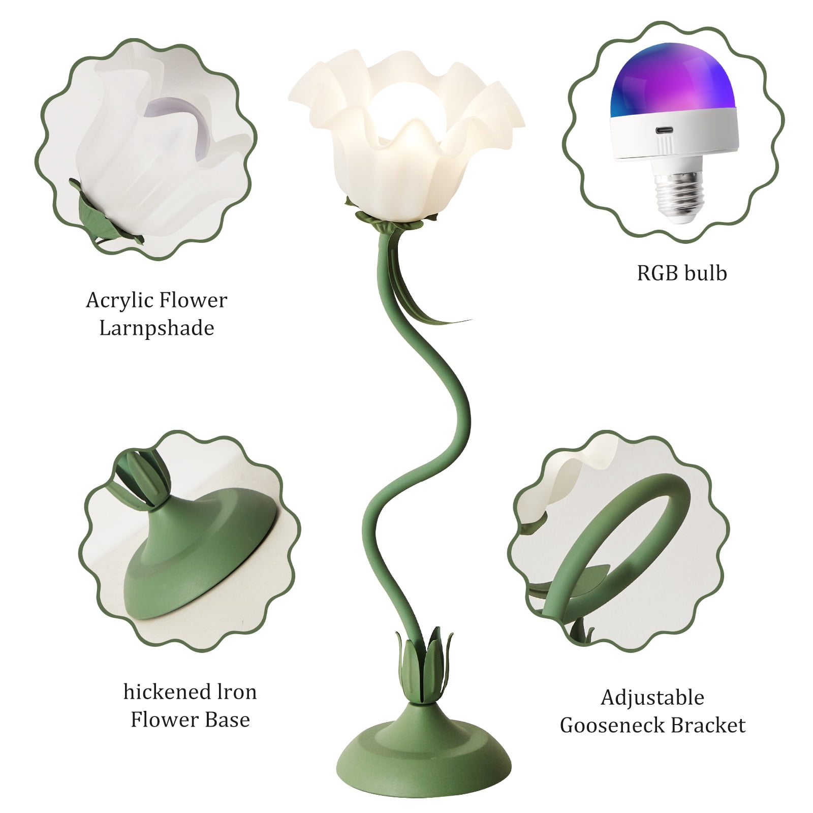 Keyinest Flower Table Lamp with RGB Rechargeable Bulb, Flexible Dimmable Color Changing Lamp with Remote Control for Bedroom, Living Room and Home Decor