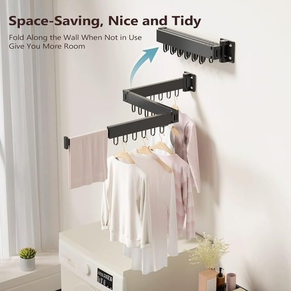qewtrs Clothes Drying Rack Wall Mounted  Laundry Drying Rack Collapsible  Space Saving Wall Drying Rack Clothing Foldable  Tri-Fold Retractable Rack Outdoor Indoor with 18 Hooks  White gt