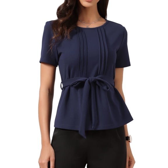 DARING DIVA Women's Peplum Summer Pleated Crew Neck Blouse XS Dark Blue
