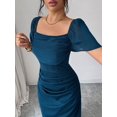 thumbnail image 6 of Teal Blue Elegant Fitted Square Neck Short Sleeve Maxi Dress For Women, 6 of 6