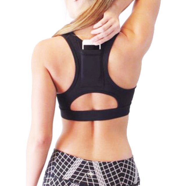 Women Sport Bra Gym Vest Compression Padded Phone Pocket Running Workout Top, black-S