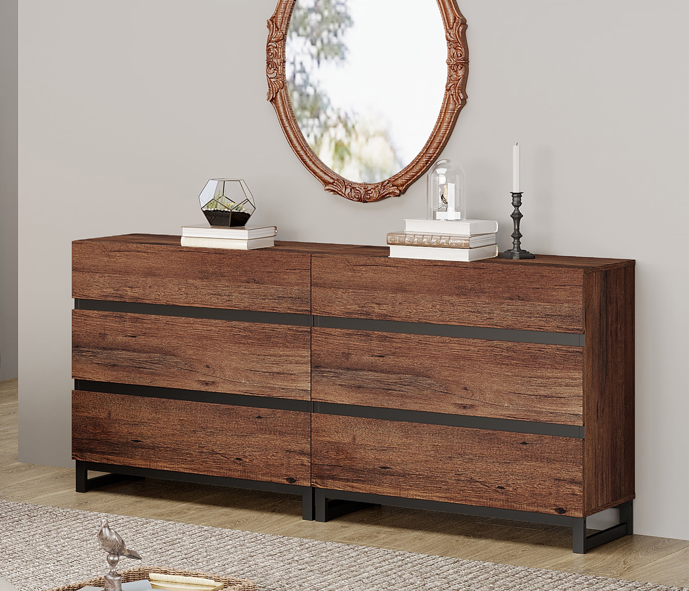 Modern Wood Dresser with 6 Drawers and Sturdy Metal Base, Multi-Functional Chest of Drawers Storage Organizer for Bedroom, Living Room, Hallway and Entryway, Brown