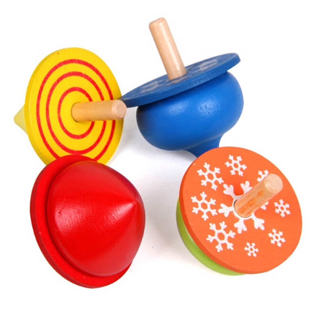 2x Multicolor Wooden Gyro Spinning Top Peg-Top Cartoon Kids Educational Fun Toys 