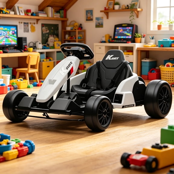 24V Electric Go-Kart Dual 150W Motors Adjustable Seat 11.2MPH High Speed Slow Start 5-Point Harness, White