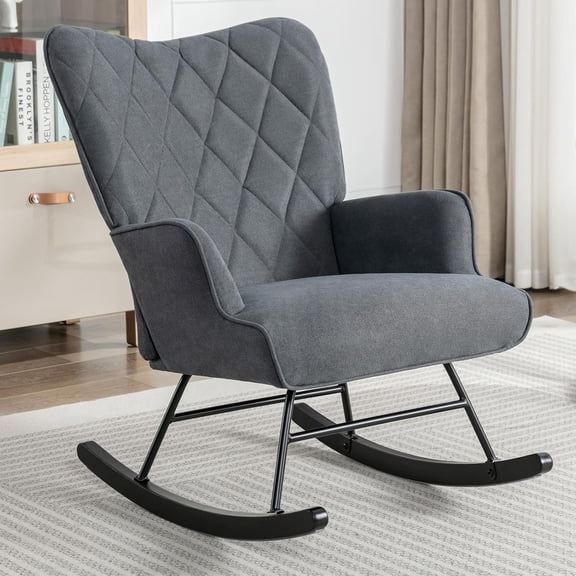 Upholstered Rocking Chair – High Back Glider for Nursery, Grey | Comfortable Living Room Chair with Sturdy Wood Rockers