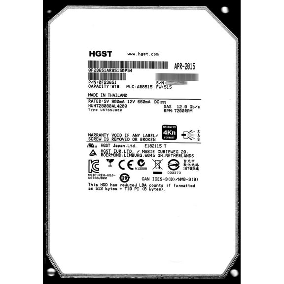 HGST Ultrastar He8 HUH728080AL4200 (0F23651) 8TB 7200 RPM 128MB Cache SAS 12Gb/s 3.5" Helium Platform Enterprise Hard Drive Bare Drive