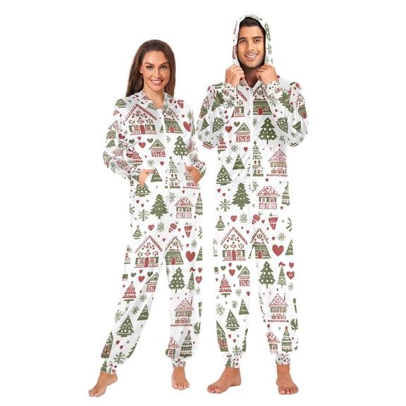 FORMRS Onesies Pajama for Adults Unisex Hoodie Winter Jumpsuit One Piece Sleepwear, Sizes S-2XL, Green Nordic Christmas