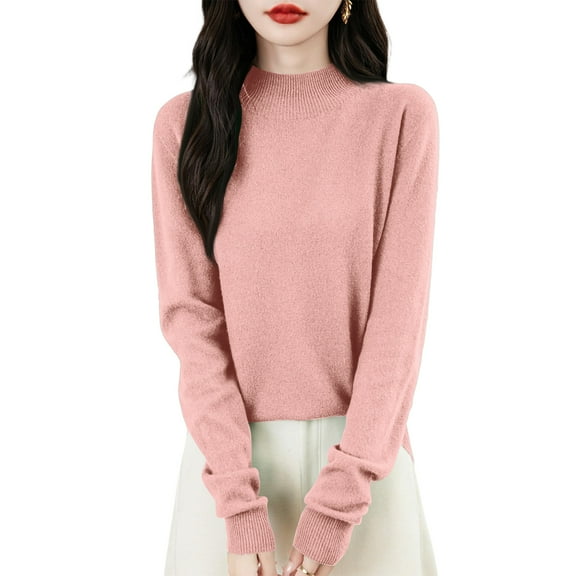 Kixjoy Women Mock Turtleneck Sweaters Long Sleeve Lightweight Fleece Knit Sweaters Thermal Casual Winter Tops Basic Soft Loose Fit Blouses for Women, Pink L