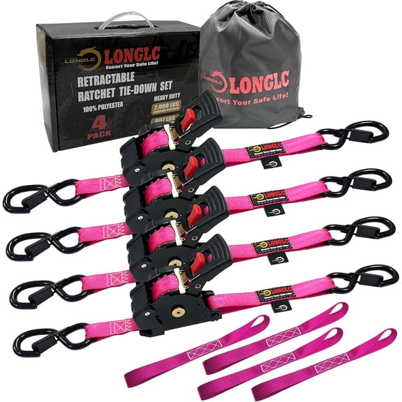 Pink Retractable Ratchet Straps Heavy Duty 1" x10' 4Pack, 2,000lbs Breaking Strength with Storage Bag, Self Retracting Ratchet Straps, Best for Bicycle, Motorcycle, Trailer