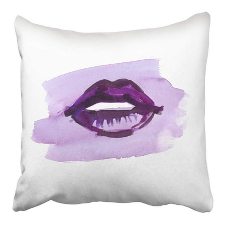 CMFUN Purple Paint Stain with Beautiful Woman's Lips in Watercolor on Clean White Pillowcase Cushion Cover 16x16