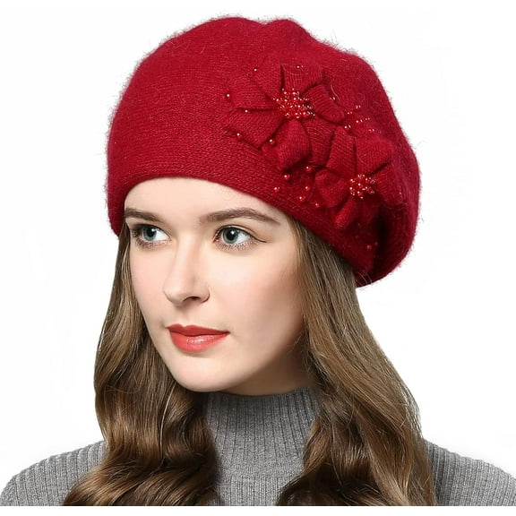 LinYooLi Women Winter Knit Beret Hat Rabbit Hair French Style Beret Classic Warm Casual Beanie Hat