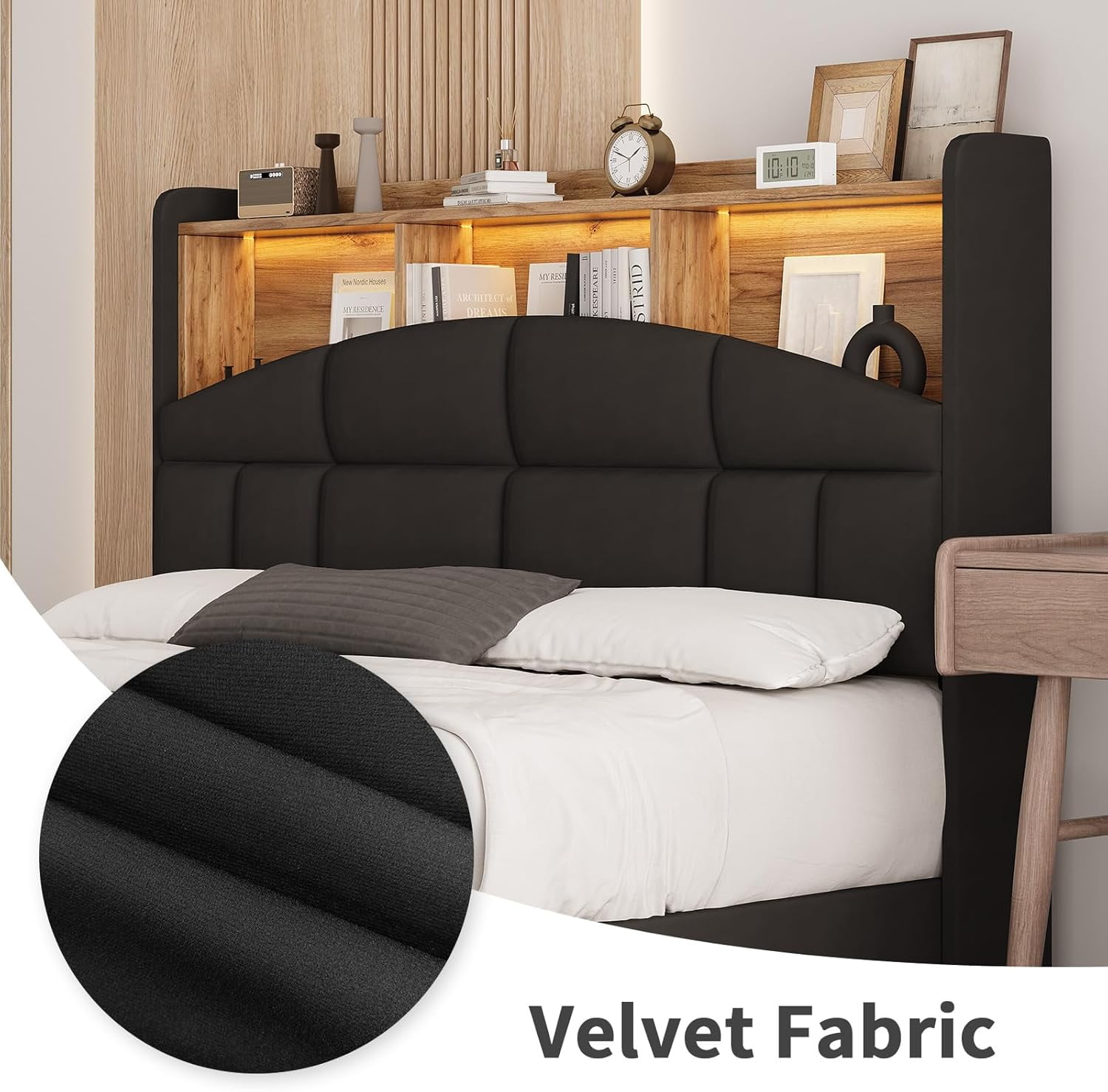 4 EVER WINNER Full Bed Frame with Storage Headboard, Velvet Upholstered Platform Bed Frame with LED Light, Black