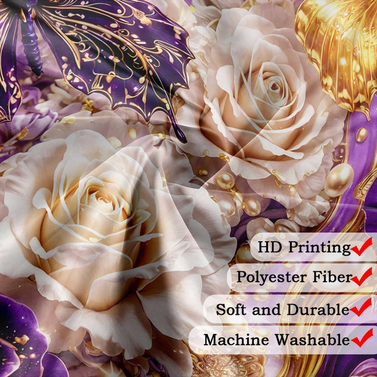Luxury Purple and Gold Butterfly Floral Shower Curtain, Elegant Marble Rose Modern Texture Shower Curtains for Bathroom Decor, Elegant Golden Fluid Aesthetic Bath Curtain Set with Hooks,70X70IN