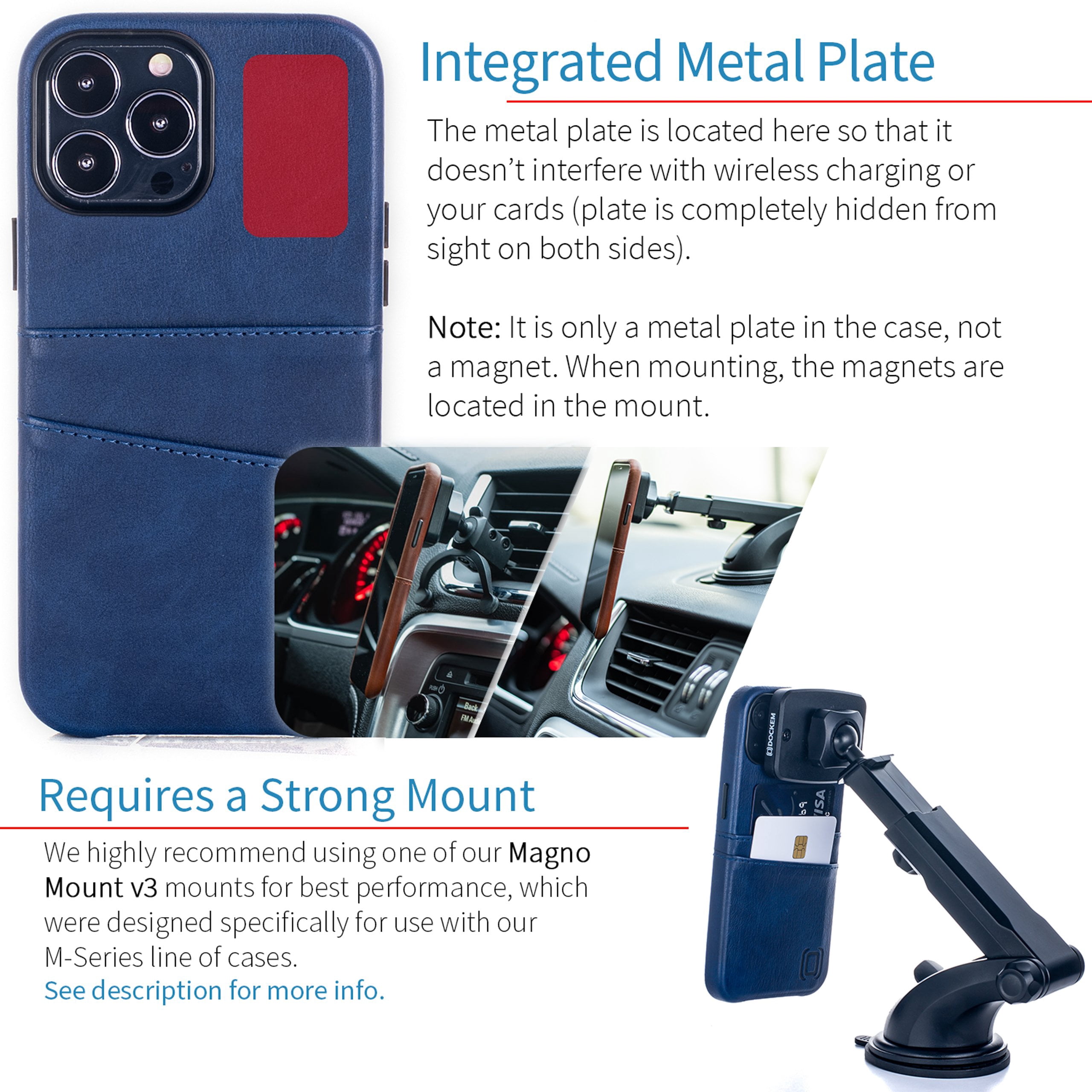 Dockem iPhone 13 Pro Max Exec M2 Wallet Case; Built-in Metal Plate, 2 Card Slots, Premium Synthetic Leather, Navy Blue