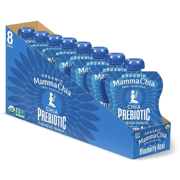 Mamma Chia Organic Prebiotic Squeeze MDA05 Snack, Blueberry Acai, 16- 3.5 Ounce, Fiber-Rich Prebiotic Gut Support, USDA Organic, Non-GMO, Vegan, Gluten Free