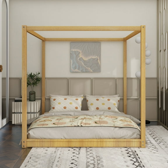 King Size Canopy Platform Bed with Support Legs, Natural