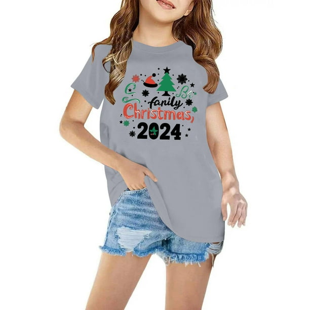 Fiudx Blusa con Estampado Navideño, Camisa de Mezcla de Poliéster Suave, Blusa con Mangas Abullonadas, Moda de Verano para Niñas, Ropa Informal, Regalo para Fiestas, de 3 a 14 Años, Material Transpir