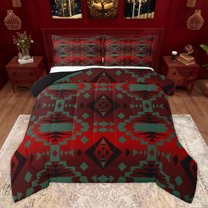 Homewish Red Green Aztec Queen Comforter Set, Vintage Triangle Abstract Bedding Sets, Western Hippie Bohemian Reversible Bedding Comforter Set, Luxury Bedroom Decor, 3-Piece