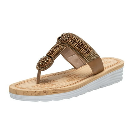 

Cathalem Summer Ethnic Style Fashion Concise Casual Flip Flops Women Shoes Plus Size Outdoor Bohemian Shoes Women Sandals Leather Khaki 8