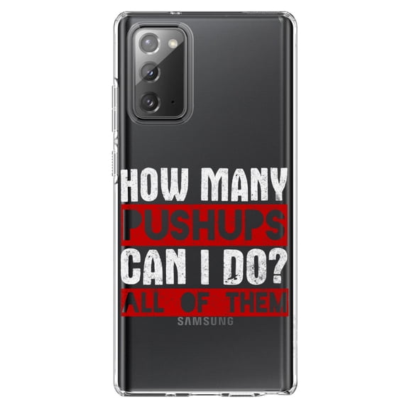 DistinctInk Clear Shockproof Hybrid Case for Samsung Galaxy Note 20 (6.7" Screen) - TPU Bumper Acrylic Back Tempered Glass Screen Protector - How Many Pushups? All of Them