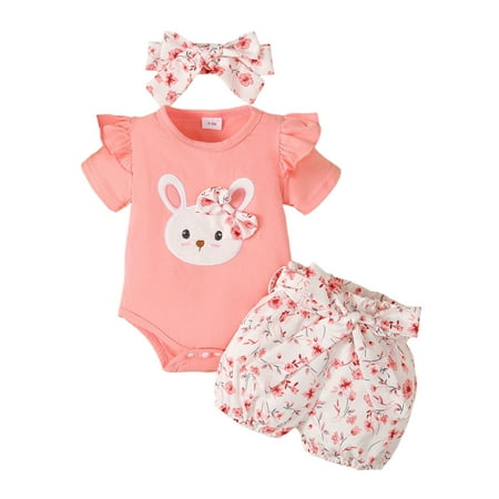 

ORQ Baby Girl Cute Rabbit Print Bow Romper Shorts Hairband Three Piece Set