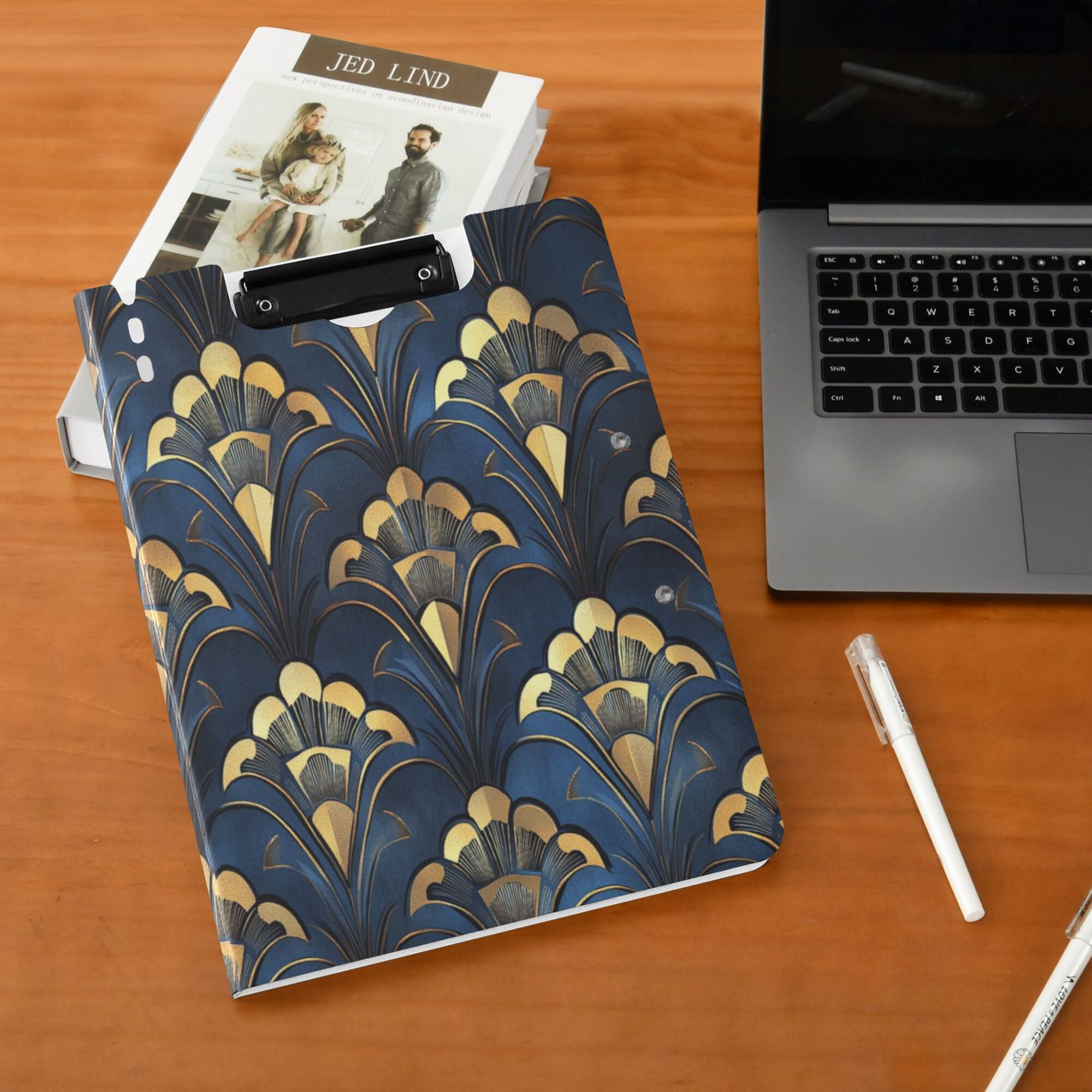 FORMRS A4 Clipboard Folder with Pen Holder Horizontal Foldable School Office Binder, Blue Art Pattern