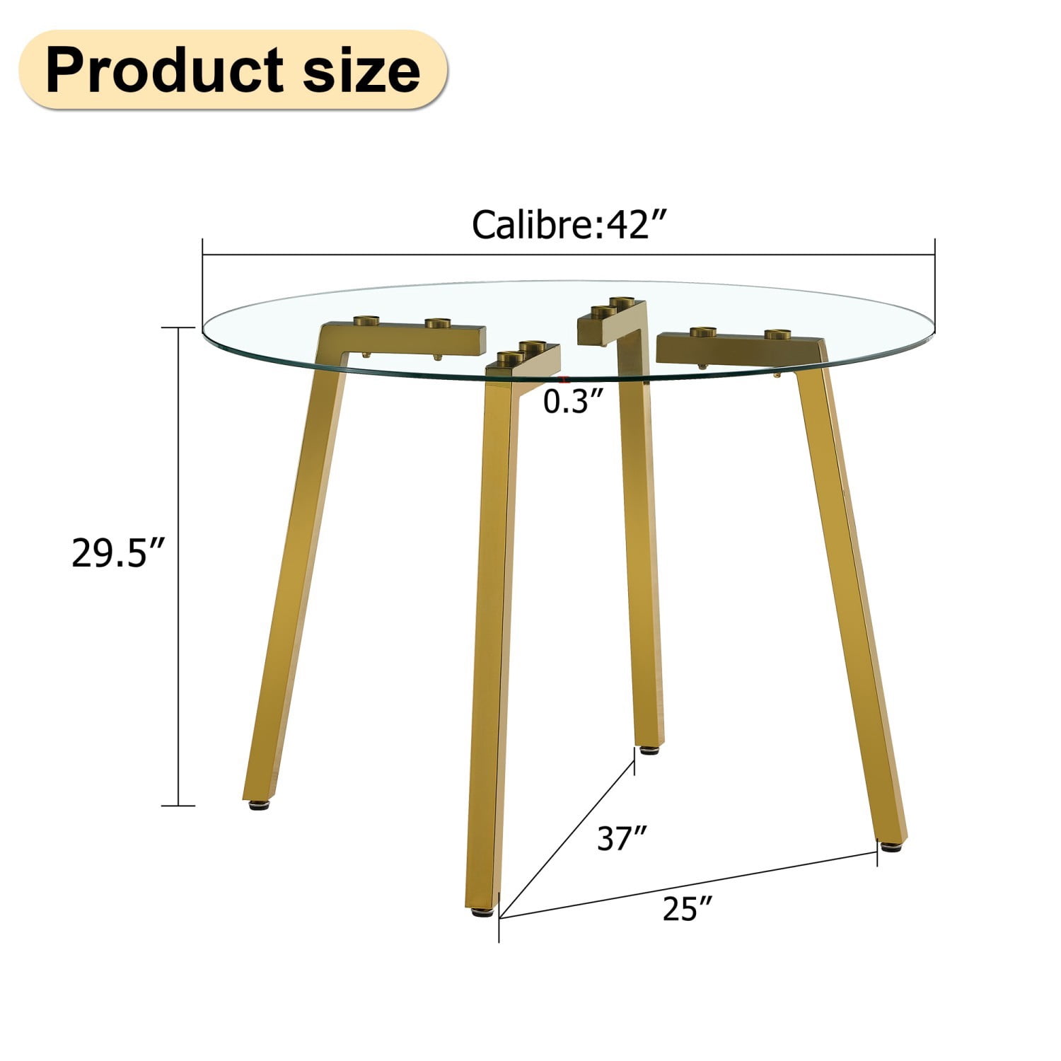 42" Round Glass Dining Table, Modern Tempered Glass Tabletop with Gold Metal Legs, Minimalist Kitchen Table for Dining Room Living Room