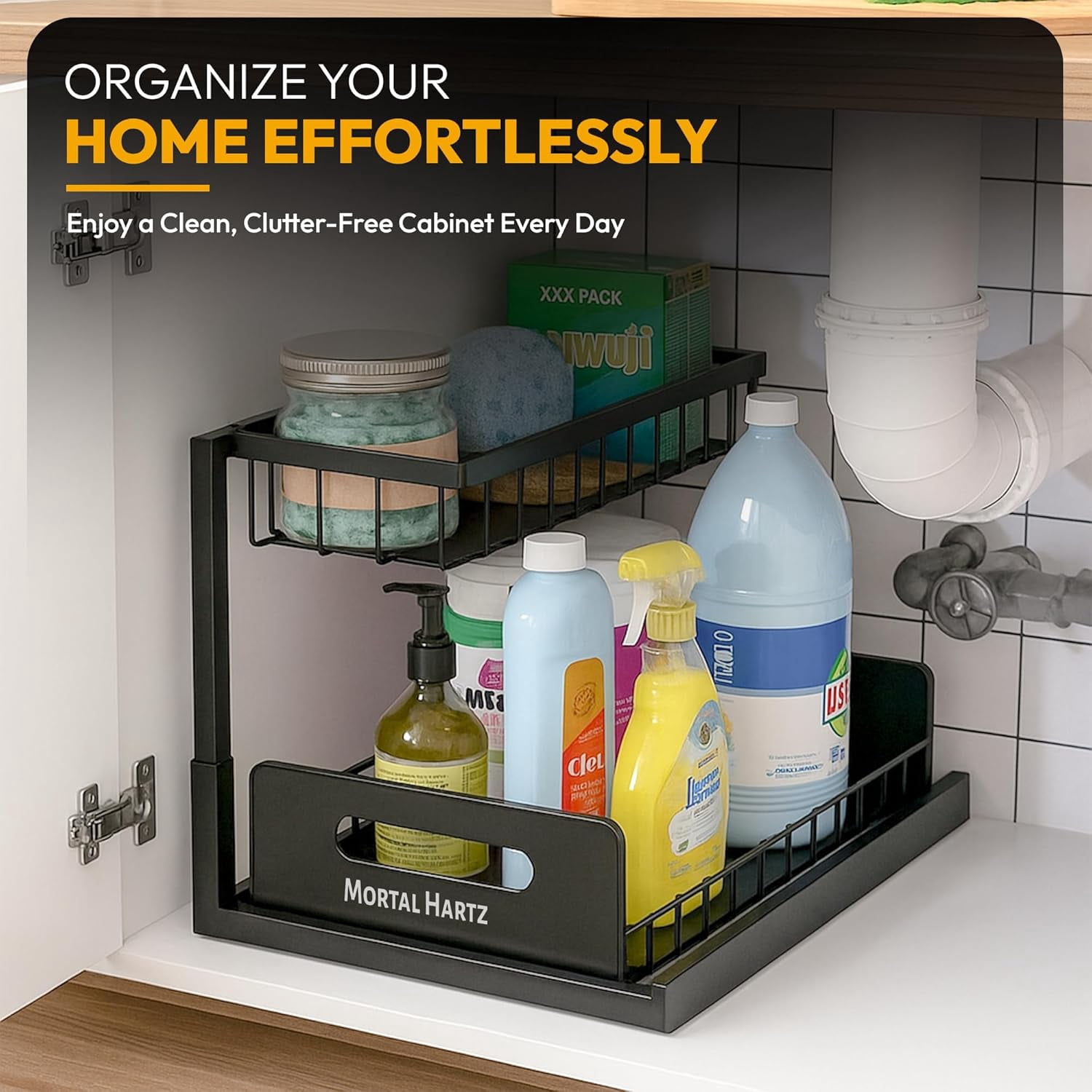 RGHJAR-MORTALHARTS Under Sink Organizer – 1 Pack 2-Tier Sliding Storage Rack – Pull-Out Cabinet Organizer with Adjustable Metal Shelf, L-Shaped Design for Kitchen, Bathroom & Laundry Cabinets
