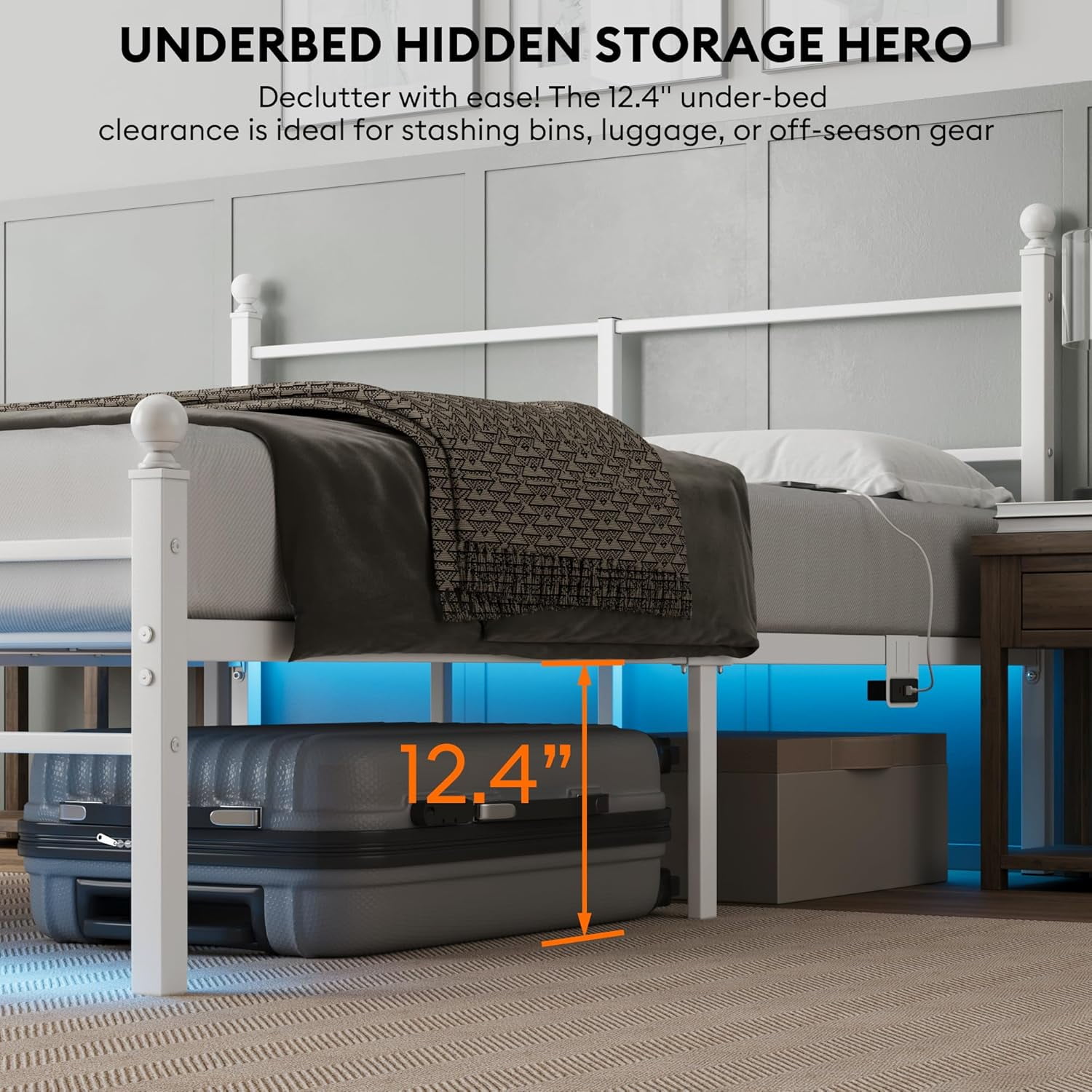 Queen Size Bed Frame with Headboard - Metal Platform Bed with LED Lights, Charging Station, Under Bed Storage and Heavy Duty Steel Slats Support - No Box Spring Needed, Easy Assembly, White