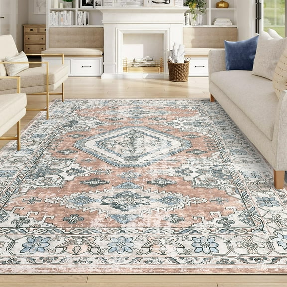 Haperlare Vintage Area Rugs for Living Room Bohemian Washable Rugs for Home Office,Pink Low Pile Ultra-Thin Nursery Carpet,8'x10'
