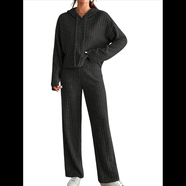 Conjuntos de Salón para Mujer, Pijamas de 2 Piezas A Juego, Moda de Otoño, Conjuntos de Punto Acanalado, Chándales Casuales de Larga Negro L