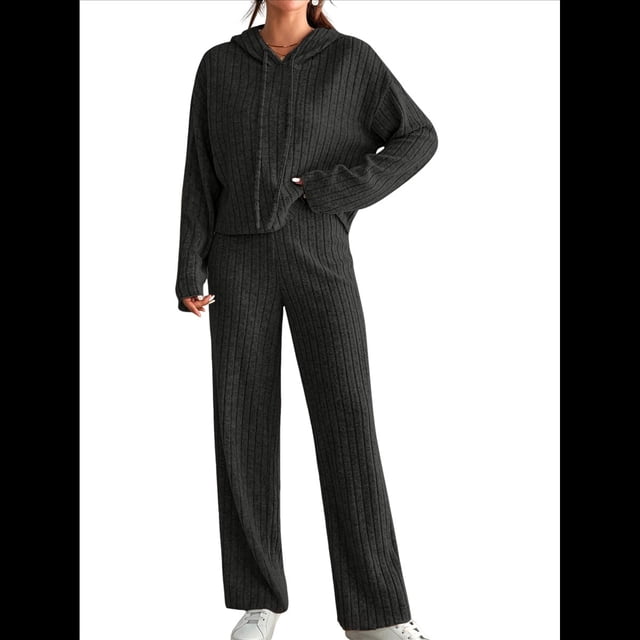 Conjuntos de Salón para Mujer, Pijamas de 2 Piezas A Juego, Moda de Otoño, Conjuntos de Punto Acanalado, Chándales Casuales de Larga Negro M