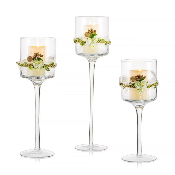Glasseam Clear Glass Hurricane Candle Holders Set of 3 Long Stem