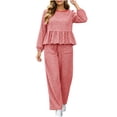 thumbnail image 3 of DYTTDG Women's Plaid Print 2-Piece Outfit Set | Long-Sleeve Crew-Neck Ruffle-Hem Top & Elastic Drawstring-Waist Pocket Wide-Leg Pants for Daily Casual Wear, 3 of 8