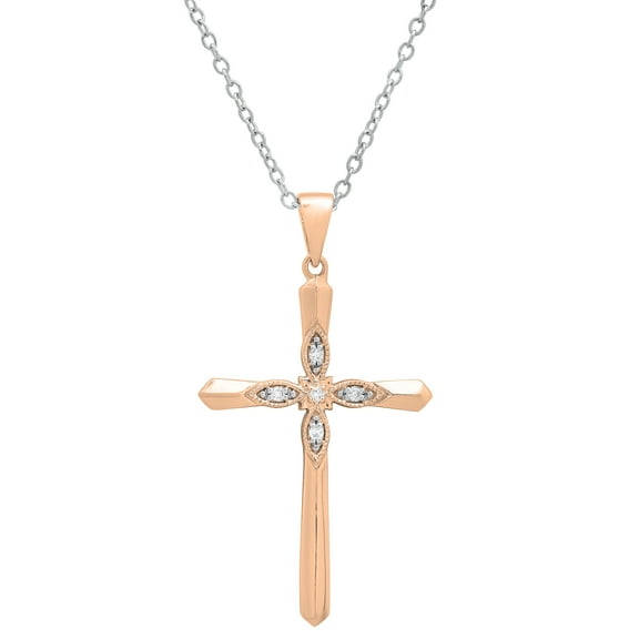 Dazzlingrock Collection Round White Diamond Vintage Style Cross Pendant for Women with 18 Inch Silver Chain (0.05 ctw, Color I-J, Clarity I1-I2) in 18K Rose Gold